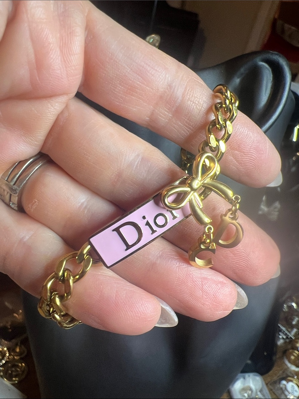 Gold and Pink Bracelet with Pink Enamel Logo and Bow Charm
